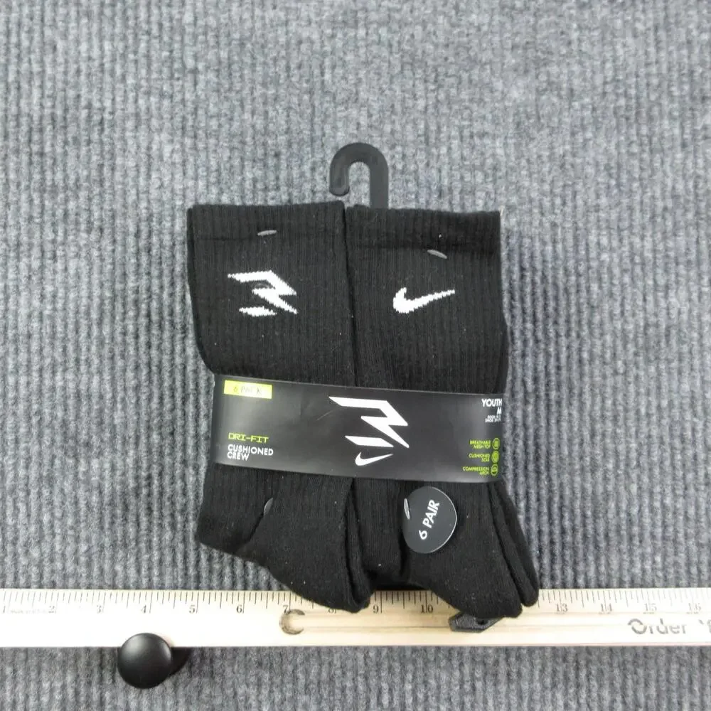 Nike Crew Socks Youth M Black 6 Pack Cushioned Dri-FIT Sock 9-11 Shoe 5Y-7Y NWT